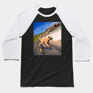 Cat With Sunglasses On Skateboard At Beach Baseball T-Shirt